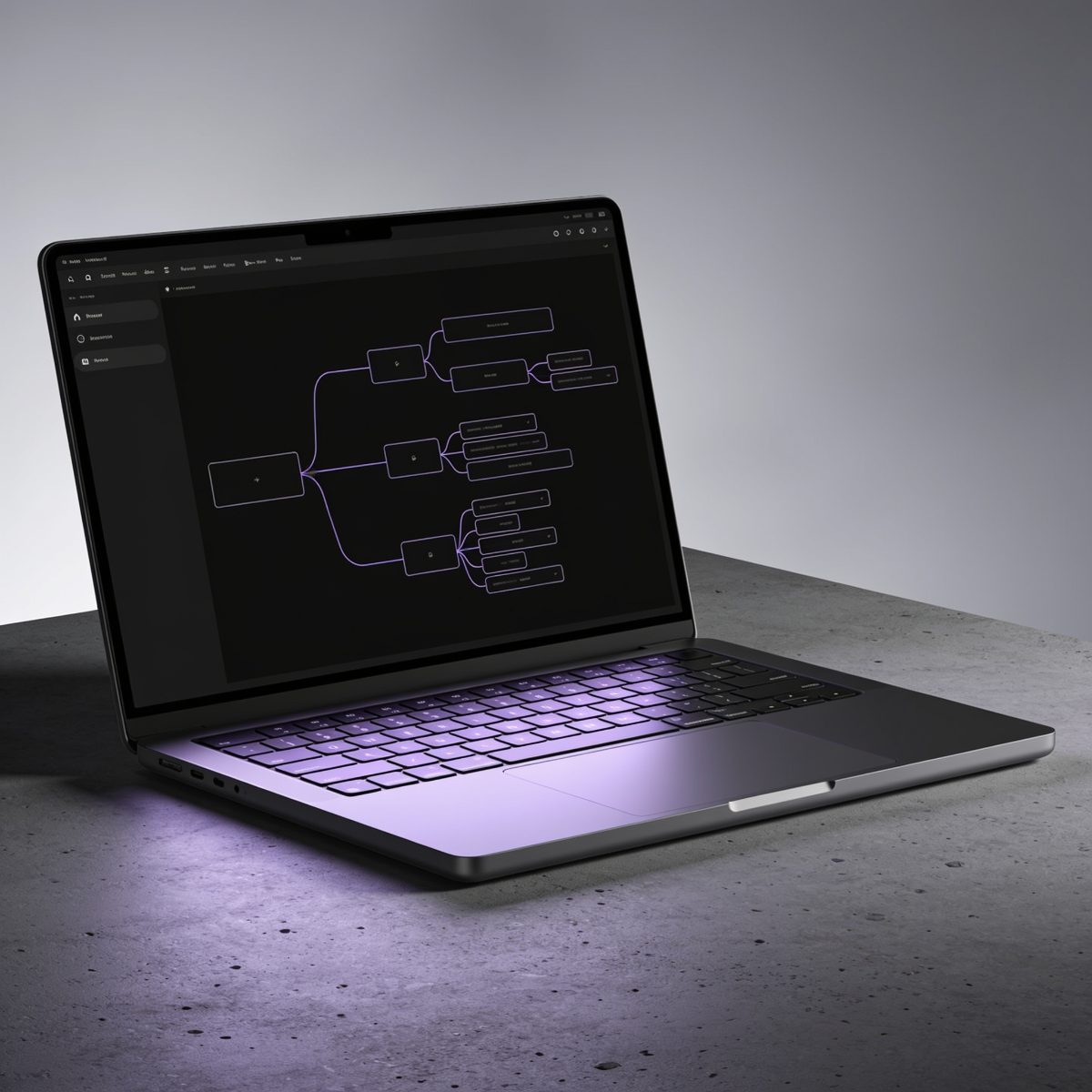 Laptop showing a workflow diagram in the Parsik Tech Group purple